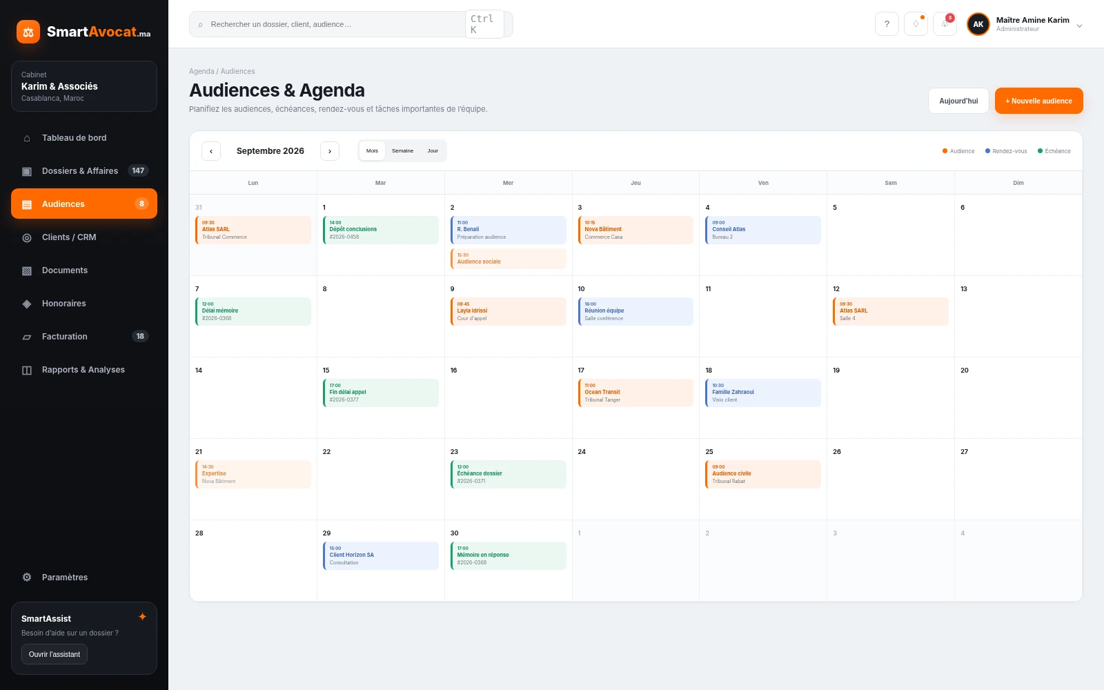 Agenda et audiences SmartAvocat
