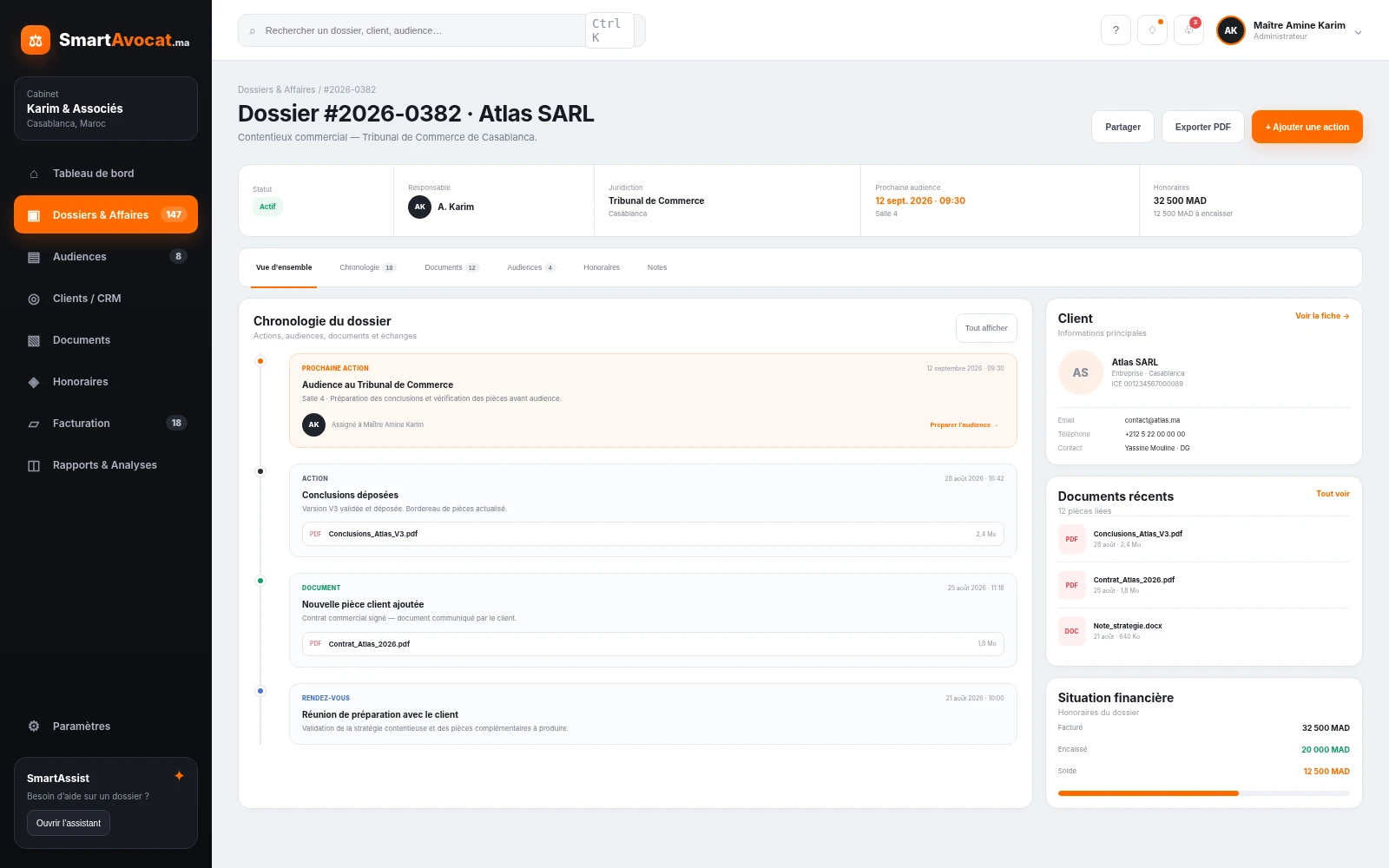 Interface dossier juridique SmartAvocat